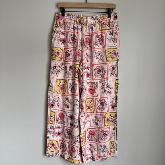 Women's Pants Linen Wide Leg Pink Floral Flowy Pull-on Elastic Waist Eurogirl - Picture 1 of 12